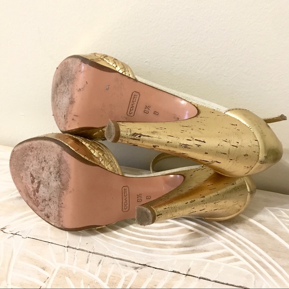Coach Dianah Metallic Gold Cork Strap Pumps Heels - Picture 5 of 8